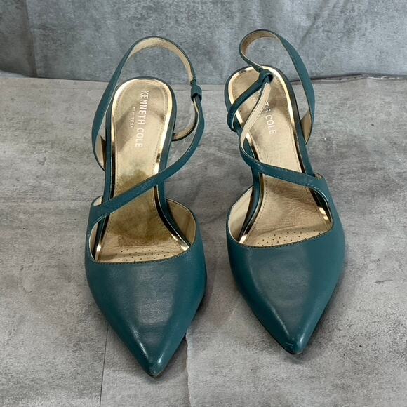 KENNETH COLE NEW YORK Women's Sea Green Leather Riley 85 Asymmetrical Pumps SZ 8 - Picture 3 of 7